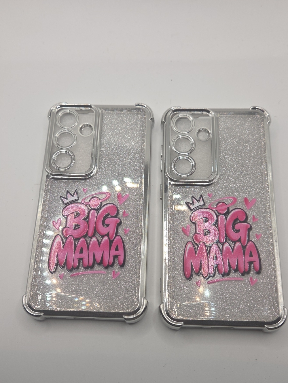 S24Ultra Clear Glitter 'Big Mama' Phone Case with Pink Accent
